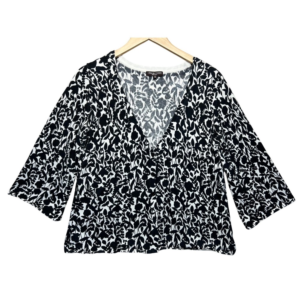 Linda Matthews New York Black White Floral V-Neck 3/4 Sleeve Cardigan XL